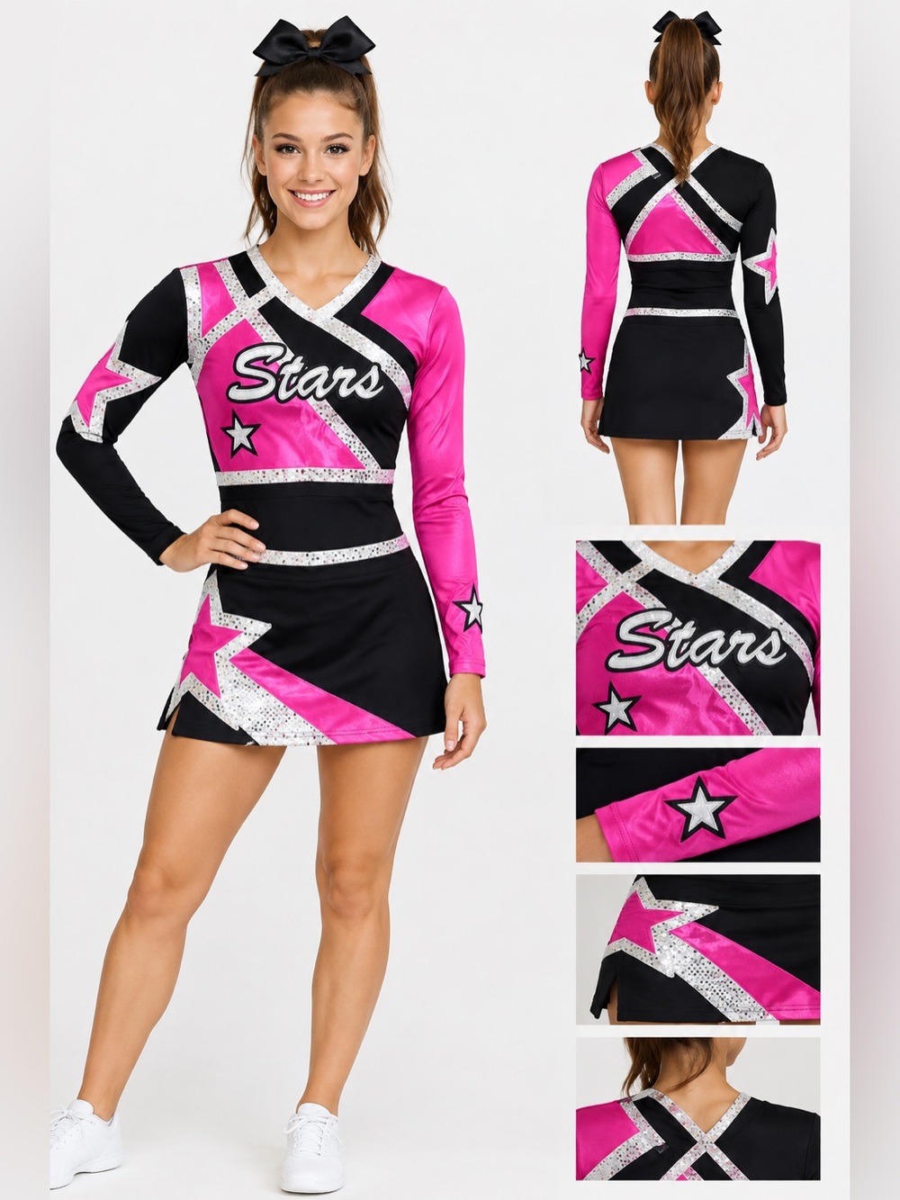 Black Pink Silver Stars Cheerleading Uniform Set – Rhinestone Trim – Top & Skirt